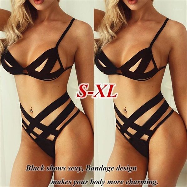 

women's cut-out lingerie suit spaghetti strap with high waist brief, solid hollow bandage underwear set erotic clothing1, Red;black