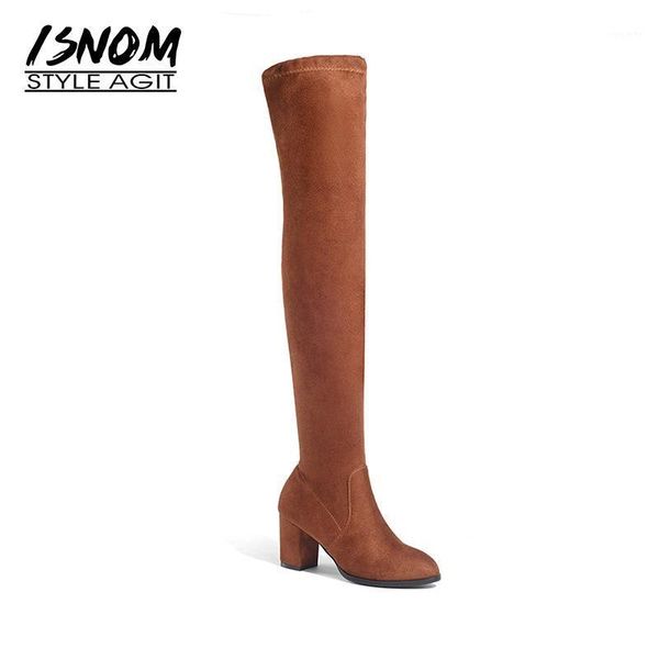 

isnom 2020 big size lady stretch thigh high boot women thick high heels shoes woman faux suede over knee boot winter1, Black