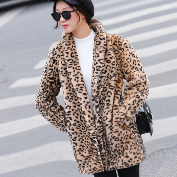 

2021 new korean women's coat fake print long winter jacket fur coats of women leopard jackets mujer kj292 sl72, Black