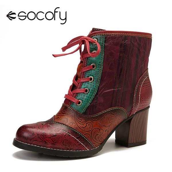 

socofy retro genuine leather color splicing lace up zipper high heel short boots elegant shoes women shoes botas mujer, Black