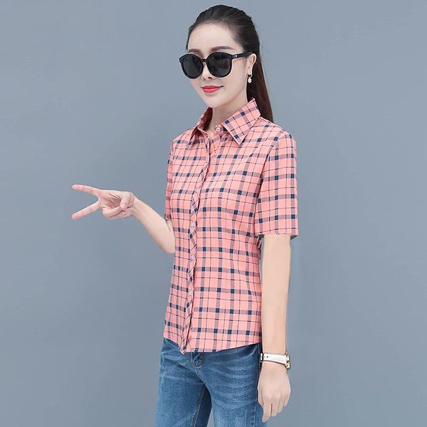 

blue plaid shirt women's short-sleeved 2020 spring and autumn new korean short-sleeved casual fashion printed shirt s-5xl, White
