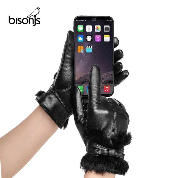 

bisonjs genuine sheepskin leather warm fashion women gloves autumn winter touch screen windproof gloves for female s018, Blue;gray