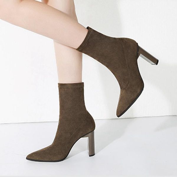 

ribetrini female flock solid party stretch shoes pointed toe high heels slip on ankle women boots party dress boots1, Black