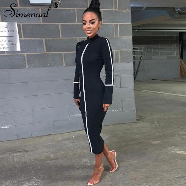 

simenual casual bodycon women long dress fashion full sleeve striped patchwork dresses fashion turtleneck ladies skinny dresses1, Black;gray
