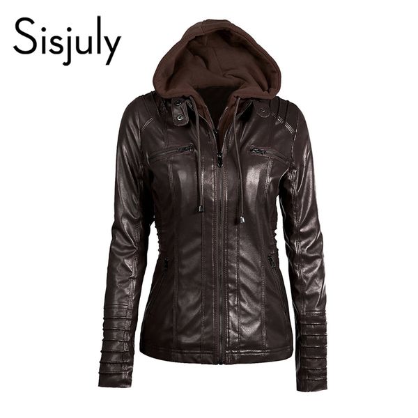 Sisjuly с капюшоном для женщин кожаная куртка черный моторный пальто стройная молния повседневная парку пальто девочек работает коричневый PU зимняя куртка пальто 201026