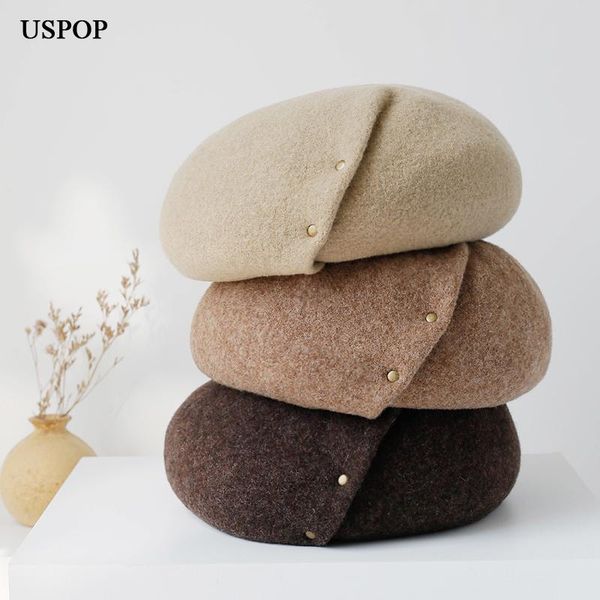 

uspop winter hats women 100% wool berets solid color hat thick warm vintage mesh yarn hat, Blue;gray