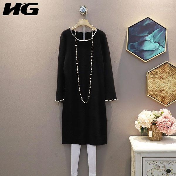 

hg nail bead split dress fashion new women pullover goddess fan 2020 autumn small fresh casual style loose dress zp28271, Black;gray