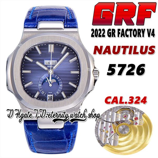 

2022 grf v4 5726 cal.324sc a324 automatic mens watch annual calendar moon phase blue textured dial stainless steel case leather strap super, Slivery;brown