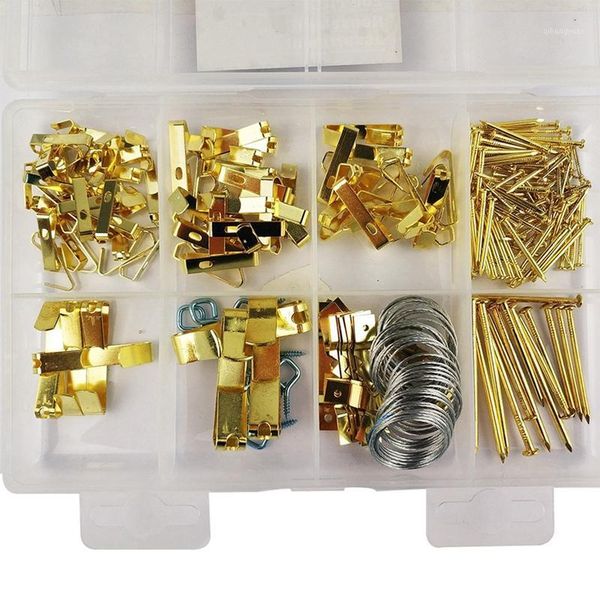 

200 pieces golden hanging oil painting mirror picture frame hanger art work p wall hook screws accessories1