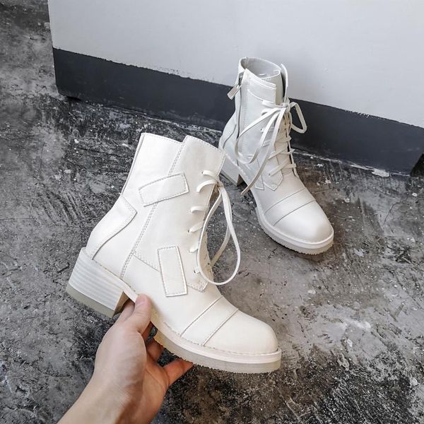 

lace up genuine leather women motorcycle boots punk cross tie short boots outdoor functional army woman botas ankle, Black