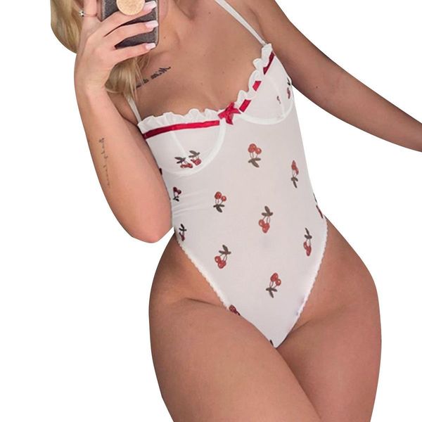 

женская сексуальная cami bodysuit спагетти ремень v шеи вишневый печать backless bodycon комбинезон падения доставка хорошее качество, Black;white
