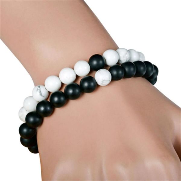 

2 pcs/set fashion white and black 8 mm natural stones couple bracelets in charm beads lovers bracelet for men and women