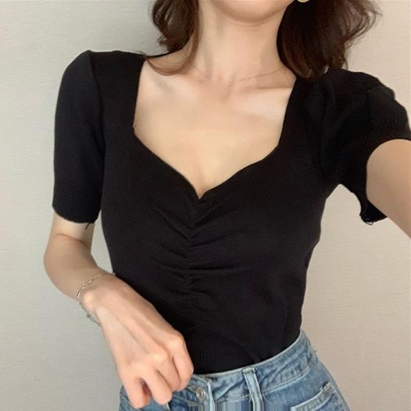 

women petite puff sleeve knit sweetheart neck ruched front crop knitting drop shipping high quality, White;black