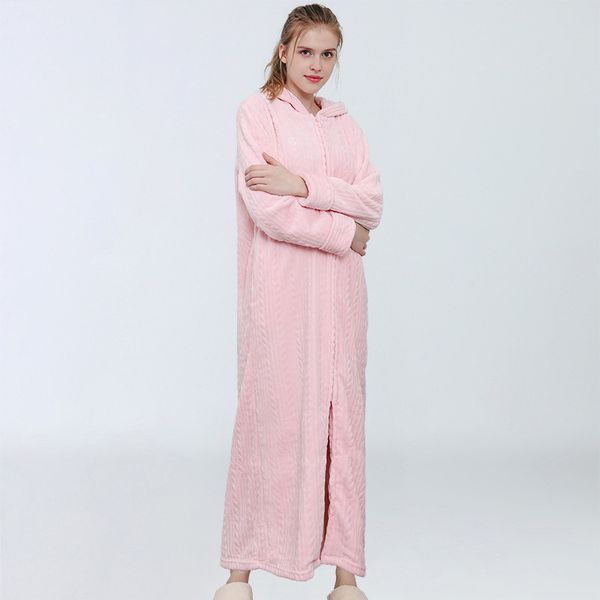 

2021 new oversized women's autumn winter flannel sleepwear hooded thicken bathrobes solid female nightgown ladies homewear jbkp, Black;red