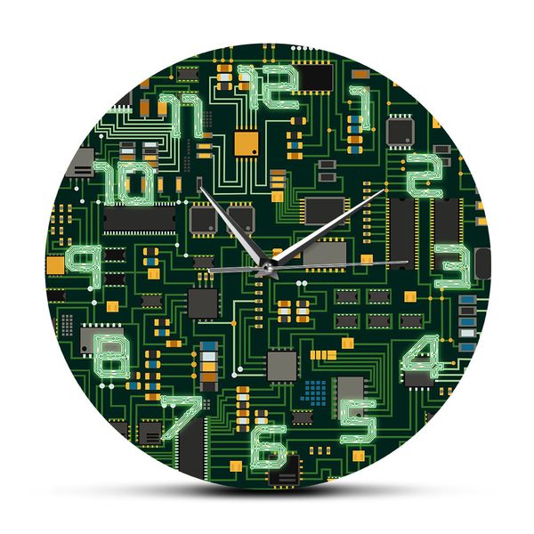 Computer Chip elettronico Circuito Geeky Orologio da parete Verde Circuito PC Stampa Arte Orologio da parete Ingegnere Regalo Ufficio Decor 201118