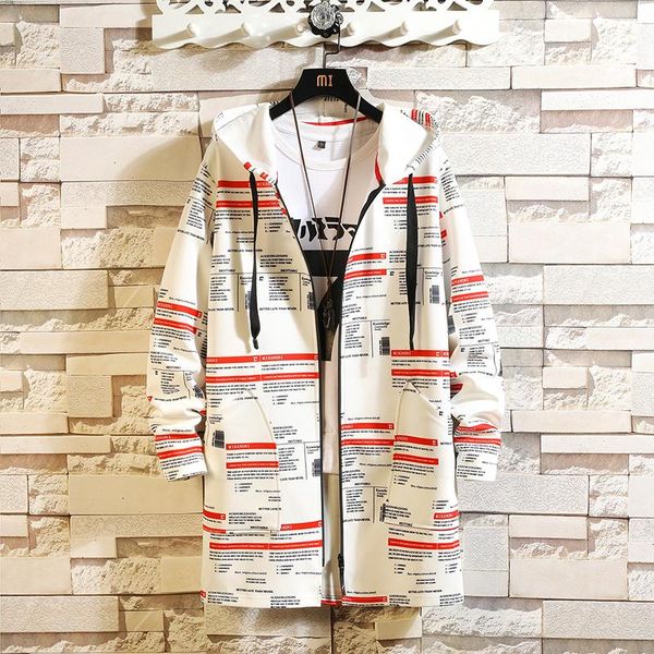 

men's trench coats spring autumn men pattern printed loose jacket zipper long sleeve hoodie windbreaker jackets male casual outwear, Tan;black