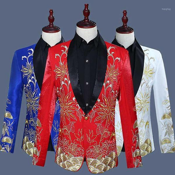 

gold floral print suit male fashion single breasted mens wedding blazer slim fit nightclub bar dj stage jacket outerwear dt14881, White;black