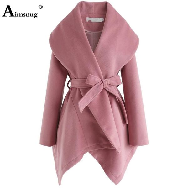 

women's wool & blends aimsnug women pink black medium section sashes blend coats lepal collar outerwear plus size 3xl womens winter war
