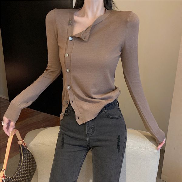 

autumn 2020 new chic slim fit long sleeve cardigan round neck single breasted solid color t-shirt bottoming shirt for women