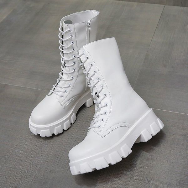 

2020 winter spring women white boots autumn fashion black leather platform gothic boots punk combat mid-calf boots for women