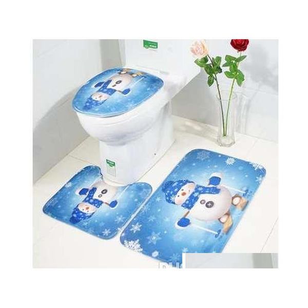 

3pcs christmas cartoon snowman bathroom mat set toilet seat cover anti-slip toilet rug for home decorat qylpuf bdebaby