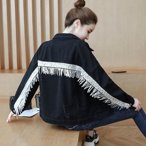

women's jackets fashion spring and autumn heavy work sequins loose thin diamond tassel wild denim jacket, Black;brown