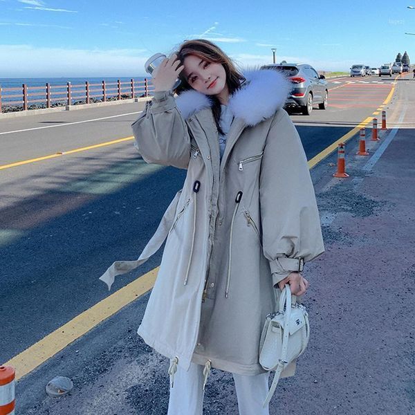

women 2021 winter new fashion mid-long solid color parkas female loose cotton-padded jacket ladies big fur hooded coats d4011, Black