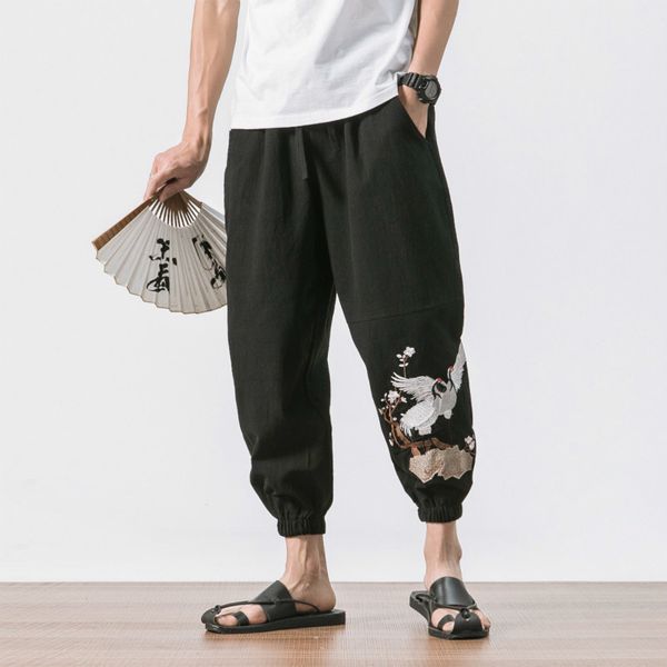 

2021 new chinese style crane embroidery harem men calf length cotton linen bermuda masculina male pants 2nog, Black