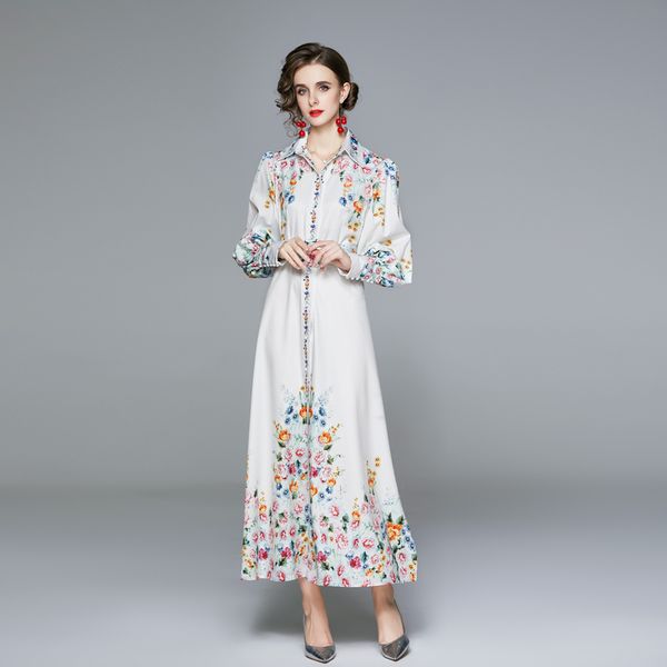 

lantern sleeve single-breasted maxi dress women flower print turn-down collar split sashes autumn holiday long dress, Black;gray