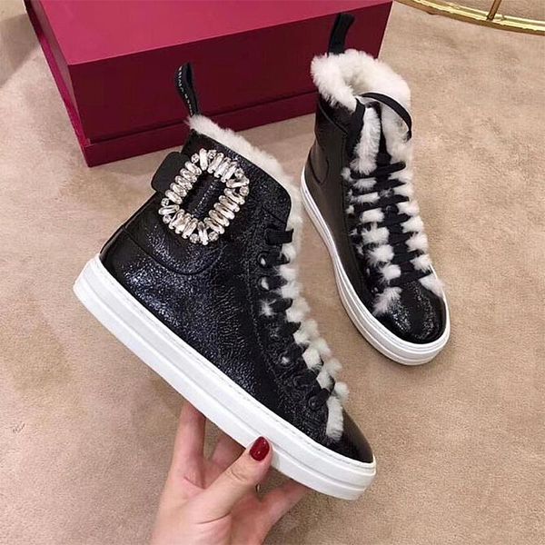

fashion high sneakers square buckle bling crystal decor martin boots leather lace up women ankle boots warm fur winter, Black