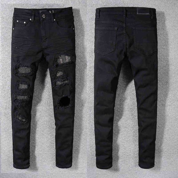 

jeans men's jeans for men skinny straight slim hip hop ripped black white rivet patchwork motorcycle biker jean pants size 28-40 vi2x, Blue