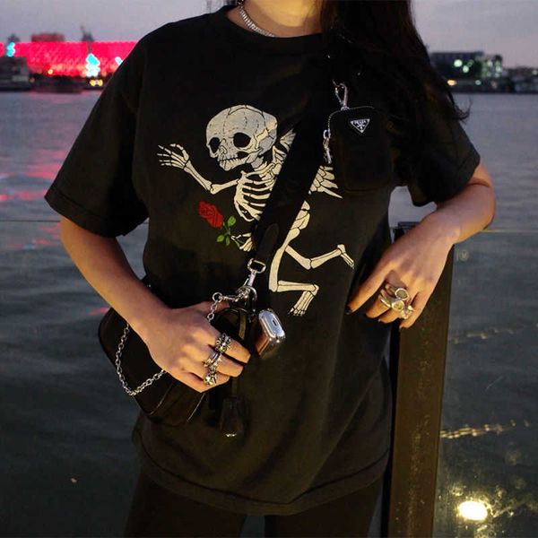 

gary dept american style high street washing old skull angel loose men and women lovers short sleeve t-shirt fashion, White;black