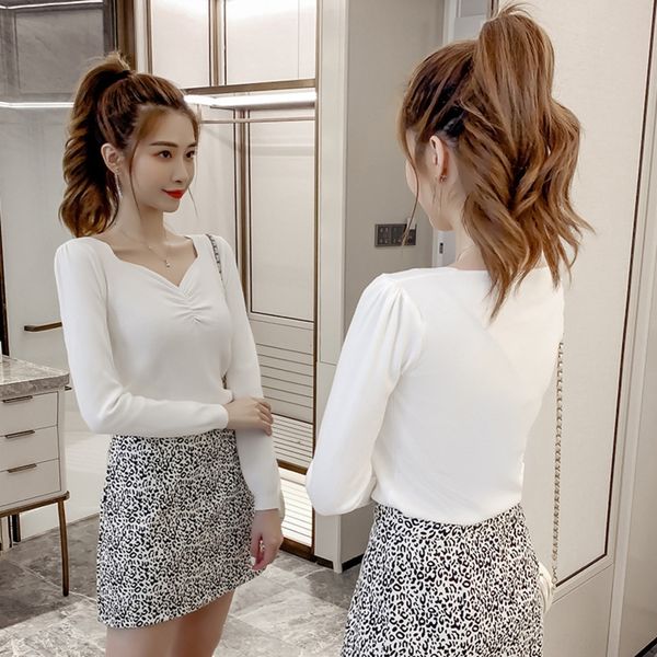 

siuhb 2020 autumn new korean version autumn simple women's dress red big collar slim fitting women's bottom shirt base in of new b, White;black