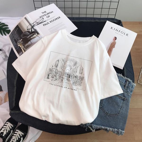 

ulzzang harajuku смешно черно-белый рисунок david print с коротким рукавом футболка большого размера свободный o-шеи повседневная женская фу