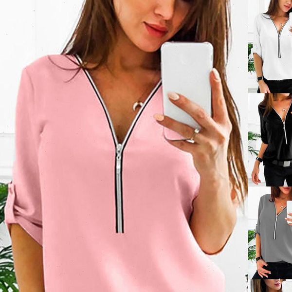 

plus size fashion chiffon blouse shirt zipper v neck tee casual autumn ladies female women long sleeve blusas pullover, White