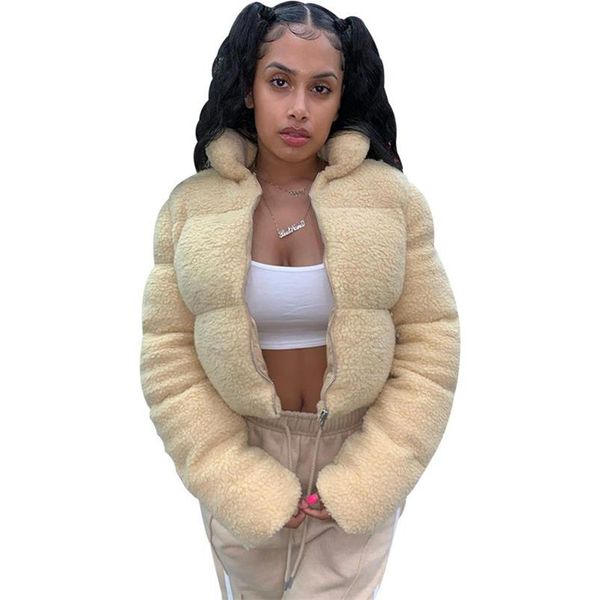 

women winter coats sherpa solid color long sleeves zipper cardigan stand-up collar warm cotton jacket women designers clothes d111103, White