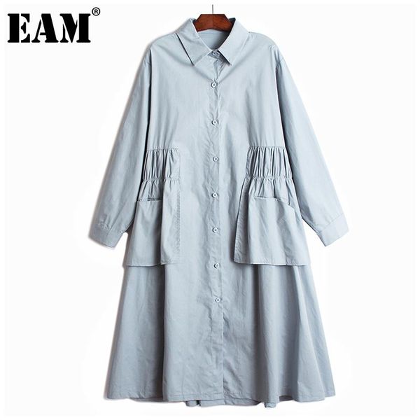 

eam] women blue ruffles split big size shirt dress new lapel long sleeve loose fit fashion tide spring autumn 2020 1db299, Black;gray