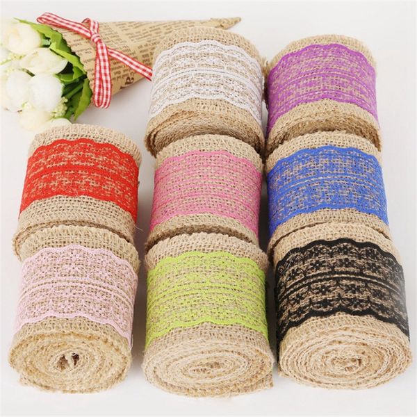 

6cm*2meter natural burlap roll with colorful ribbon lace hessian vintage jute rustic wedding party decoration 62517