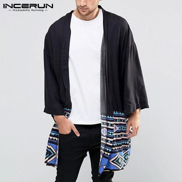 

incerun men shirt printed open stitch 3/4 sleeve outerwear streetwear vintage leisure shirts casual men long cardigan s-5xl, White;black