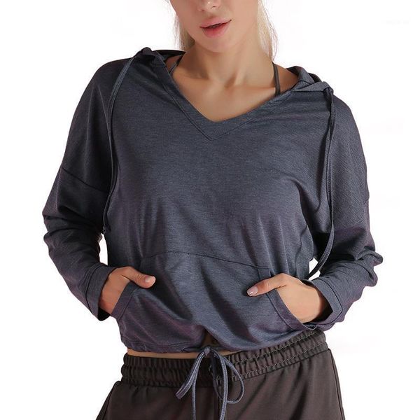 

outdoor t-shirts autumn hooded training running t-shirt loose fitness clothing gym female breathable long sleeved yoga shirt women tees1, Gray;blue