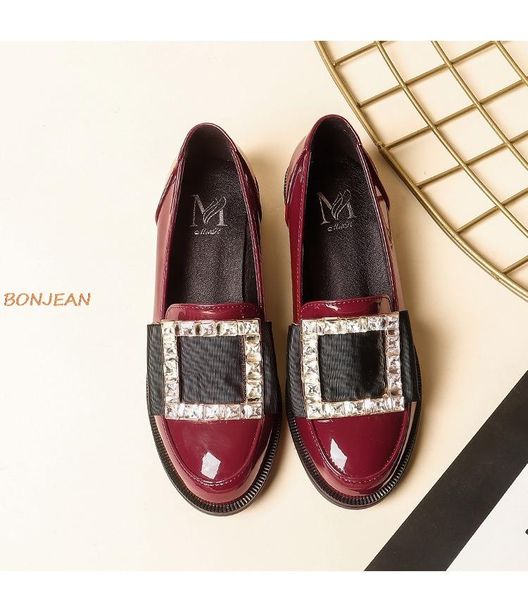 

2020 spring autumn women's pumps metal decoration crystal patent leather low heel women's shoes comfortable pumps big size, Black