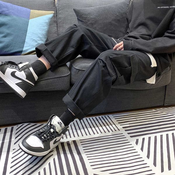 

functional overalls men's fashion brand ins straight loose casual pants, Black