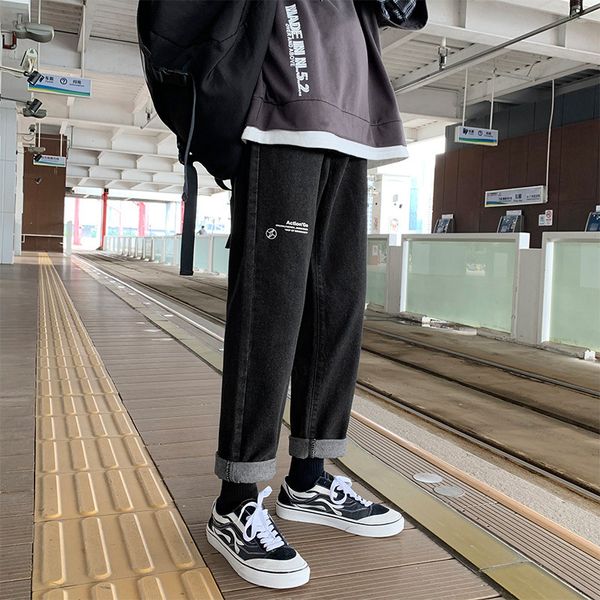 

letter printing trend bla jeans men's fashion brand ins handsome straight loose winter pants, Blue