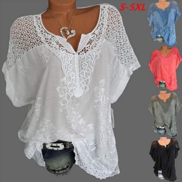 

2021 summer new women short sleeve solid color shirt fashion openwork lace crochet shirt street casual 5 color size s 5xl, White
