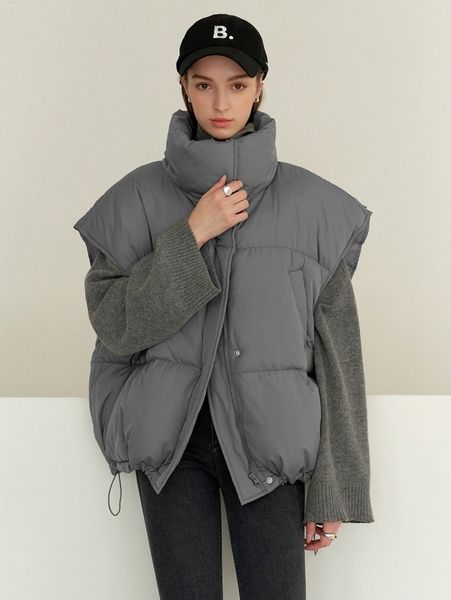 

coldbreak drawstring hem sleeveless zip front puffer coat b4bu#, Black