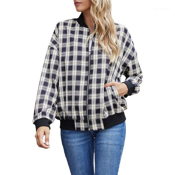 

women's jackets autumn women plaid print bomber jacket fashion casual long sleeve zip up loose coat with pockets short streetwear1, Black;brown