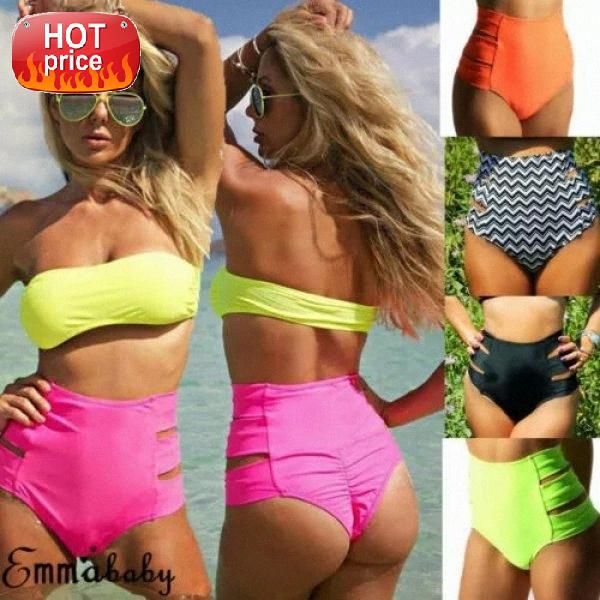 

summer new fashion triangle briefs swimwear bathing women's plus size solid hollow out thong high waist bikini bottom #c56b, White