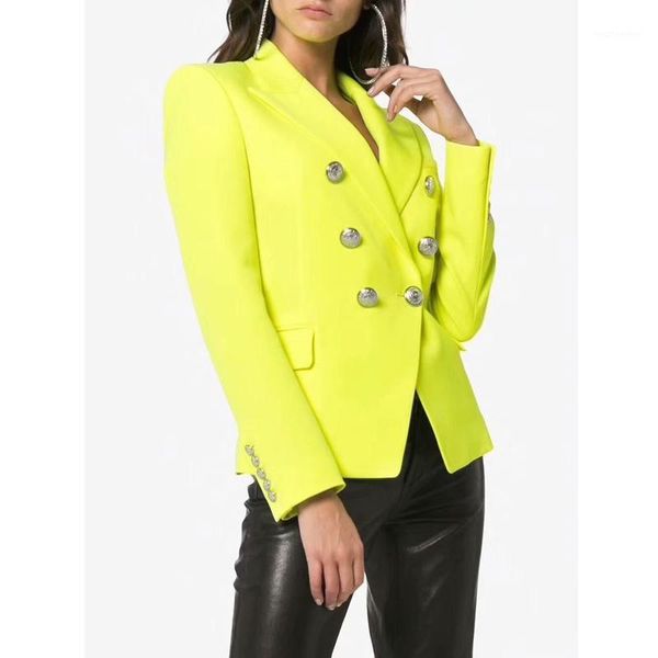 

11.6 fashion new double breasted slim long sleeve lemon yellow blazer coat women1, White;black