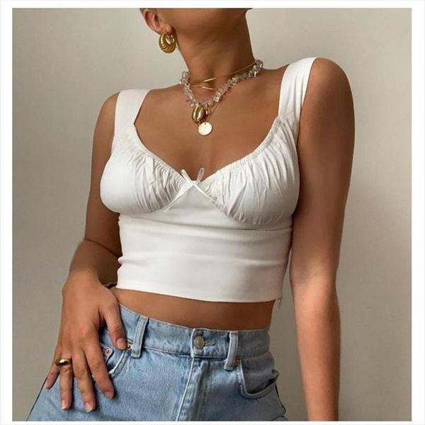 

white spaghetti straps low cut bow ruched camis crop 2020 summer women sleeveless camisole female skinny bralette
