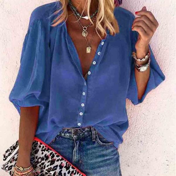 

women long sleeve shirt fall solid color comfortable casual button down blouse v neck turndown collar casual shirts1, White